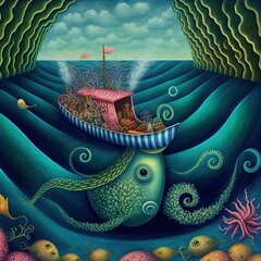 Illustration of a fantasy imaginary world with sea creatures under a ship