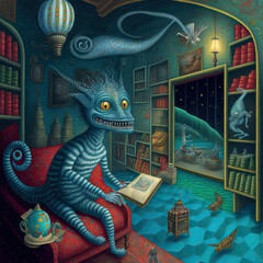 Illustration of imaginary blue creatures inside a fantasy library reading a book while sitting down on a red sofa