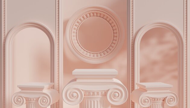 3d luxury podium with roman column for product background podium classic style  for show cosmetic podructs display case  on background.
