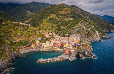 Vernazza aerial panoramic view. Vernazza is a small town in Cinque Terre national park, La Spezia province in Liguria Region, northern Italy. September 2022