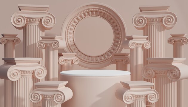 3d Luxury Podium With Roman Column For Product Background Podium Classic Style  For Show Cosmetic Podructs Display Case  On Background.
