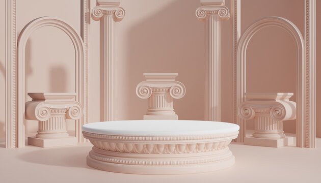 3d luxury podium with roman column for product background podium classic style  for show cosmetic podructs display case  on background.
