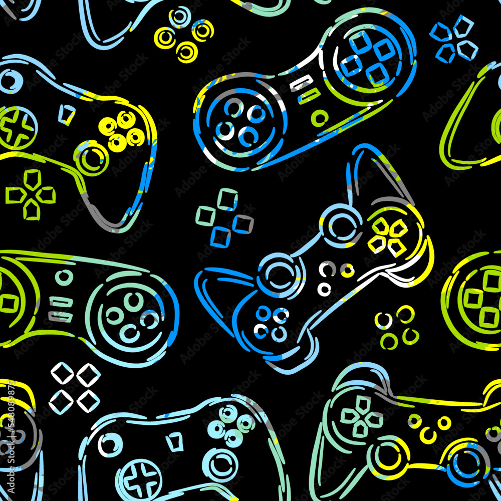 Fototapete seamless abstract pattern with colorful silhouettes joystick game. background for boys.