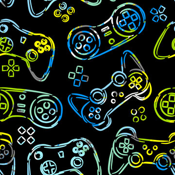 Seamless abstract pattern with colorful silhouettes joystick game. Background for boys.