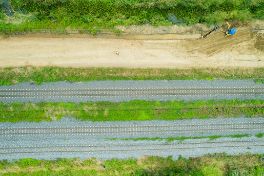 Aerial view from flying drone of railroad tracks