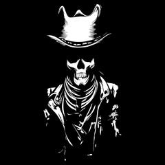 traditional cowboy skeleton tattoo hand drawn vector black and white clip art