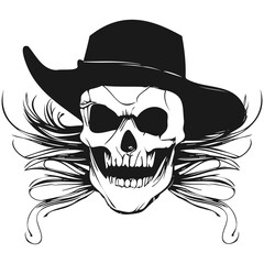traditional cowboy skull tattoo hand drawn vector black and white clip art