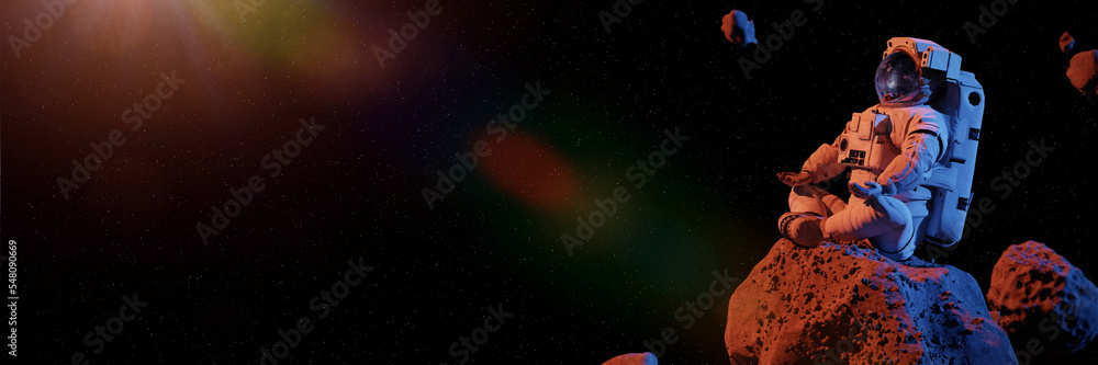 Sticker astronaut meditating on asteroid, background banner with empty space