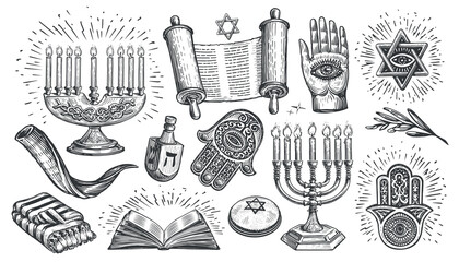 Jewish set. Religion concept vintage sketch vector illustration. Collection elements for decoration of religious holiday - obrazy, fototapety, plakaty