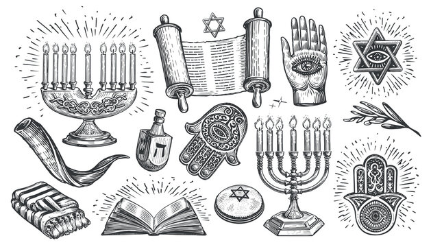 Jewish set. Religion concept vintage sketch vector illustration. Collection elements for decoration of religious holiday