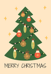Naklejka premium Card Merry Christmas with tree and Christmas toys
