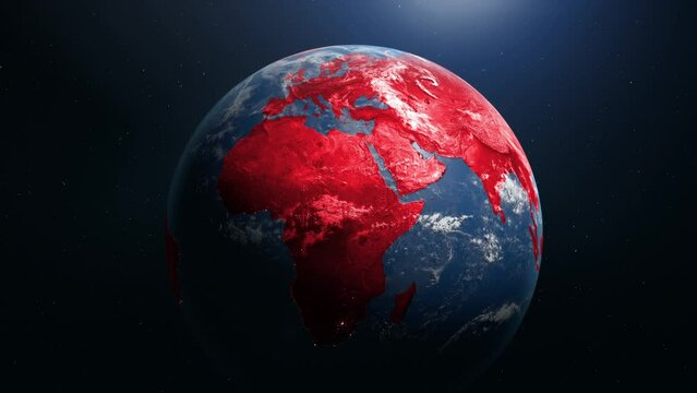 Global extinction, continents turning bloody red, closeup of global catastrophe seen from space.