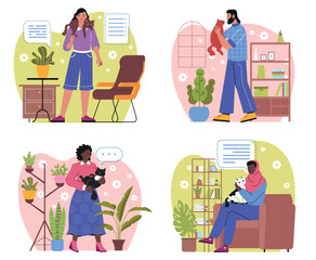 Set of people holding cute cats. Young male and female owners of small fluffy kittens. Characters take care of their pets and hug them. Cartoon flat vector collection isolated on white background