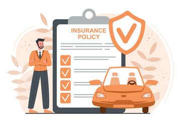 Car insurance concept. Man stands next to vehicle near big document with rules. Security and protection, monetary compensation. Poster or banner for website. Cartoon flat vector illustration