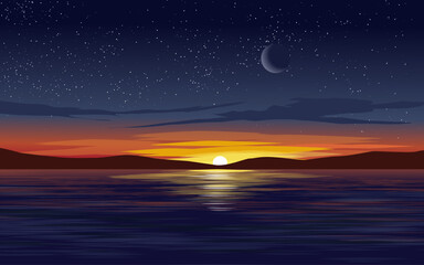 Fototapeta na wymiar Sunset scenery over ocean with island moon and stars