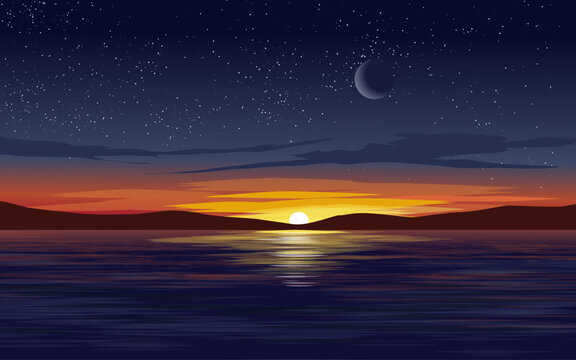 Sunset scenery over ocean with island moon and stars