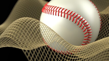 White-red baseball with gold mathematical geometric grid line wave under black-white background. Concept 3D CG of sports technology, strategic ideas and intellectual analysis of operations.