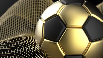 Black-gold soccer ball with gold mathematical geometric grid line wave under white-black background. Concept 3D CG of sports technology, strategic ideas and intellectual analysis of operations.