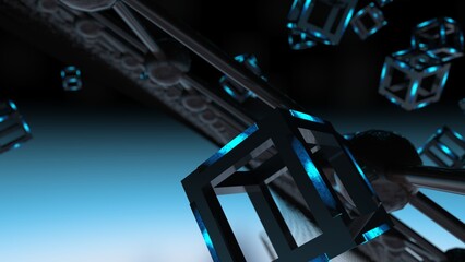 Blue illuminated Hot Iron Black Cube with Atom Plane Structure under Black-Blue Background. Block-chain network technology concept illustration. 3D illustration. 3D CG. 3D high quality rendering. 