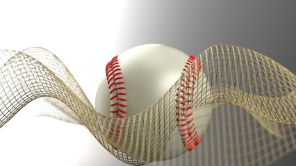 White-red baseball with gold mathematical geometric grid line wave under black-white background. Concept 3D CG of sports technology, strategic ideas and intellectual analysis of operations.