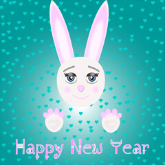 White rabbit on a blue background with hearts. Happy New Year