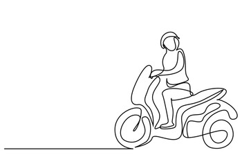 Obraz na płótnie Canvas young man riding motorcycle motor sitting waiting one line drawing