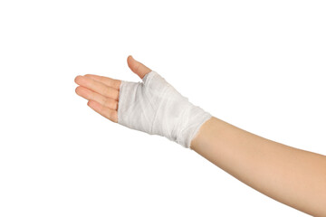 Woman with hand wrapped in medical bandage on white background, closeup