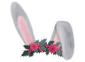 Rabbit ears with a Christmas wreath of flowers. The image of cute rabbit ears in watercolor style. Isolated clipart element.