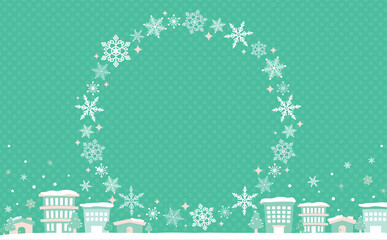 円形の雪の結晶と街並みをあしらったコピースペースのある冬のフレーム_緑ドット_文字なし