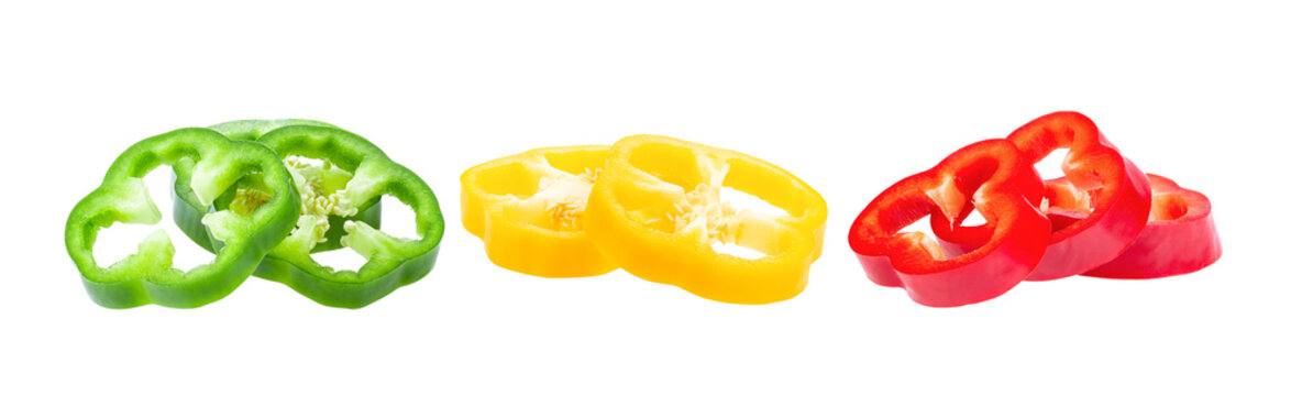 Sliced green yellow red bell pepper isolated on transparent png