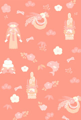 お正月の縁起物をちりばめた ポスター・年賀状背景 縦位置