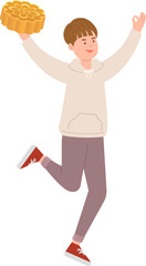 Happy stylish male celebrating mid autumn festival with delicious moon cakes, meringue desserts