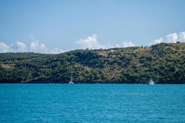 tourist boats and tour boats in the whitsundays queensland, australia. travellers on the great barrier reef, over coral and fish. tourism yachts of young people partying on the water