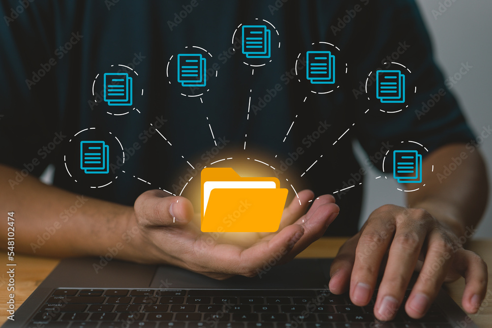 Aufkleber Businessman holding folder and document icon software, searching and managing files in online document databases for efficient archiving and company data.