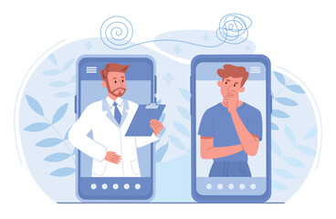 Online psychotherapy concept. Man about to go to doctor, communication of patient with specialist on smartphone. Modern technologies and video call metaphor. Cartoon flat vector illustration