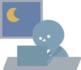 夜の社内で黙々と仕事をするシンプルな人のイラスト