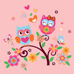 cute owl with beautiful flower vector background