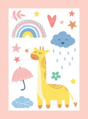 Baby cover concept. Invitation and greeting postcard design with animals and plants. Rainbow, umbrella and giraffe. Imagination, dream and fantasy, tenderness. Cartoon flat vector illustration