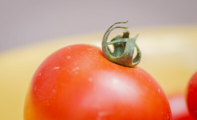 Closeup of a freshly picked ripe red cherry tomatoe on a blurred background