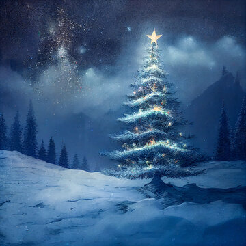 Christmas tree with Christmas star standing in a snowy winter landscape