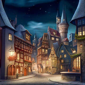 Illustration of a medieval cityscape at night