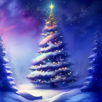 Illustration of a Christmas tree at night with snow