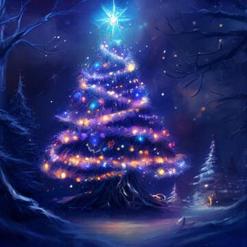 Illustration of a Christmas tree at night