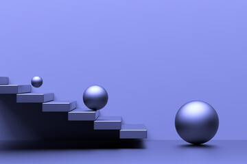 Balls and steps. Metallic balloons roll down the steps. Minimalistic concept of balls and stairs. 3D render.
