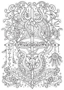 Mystic vector illustration with occult, esoteric and gothic symbols, snake and pentagram, black and white coloring page