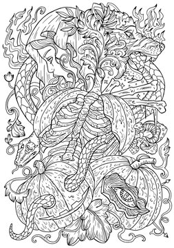 Horror vector Halloween illustration with scary pumpkins, snake, occult, esoteric and gothic symbols, black and white mystic coloring page.