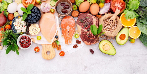 Ketogenic low carbs diet concept. Ingredients for healthy foods selection set up on white concrete background. - 548105843
