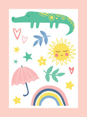 Baby cover concept. Rainbow, crocodile and sun with foliage. Greeting and invitation card design. Collection of stickers for social networks and instant messengers. Cartoon flat vector illustration