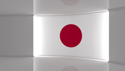 TV studio. Japan. Japanese flag studio. Japanese flag background. News studio. The perfect backdrop for any green screen or chroma key video or photo production. 3d render. 3d