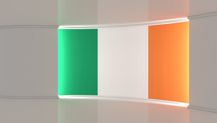 Ireland flag studio. Ireland flag background. TV studio.. News studio. The perfect backdrop for any green screen or chroma key video or photo production. 3d render. 3d